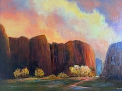 Zion Canyon fine art landscape painting: An impressionistic oil painting showcasing the towering red rock cliffs of Zion National Park bathed in warm golden hour sunlight under a soft, pastel sky.