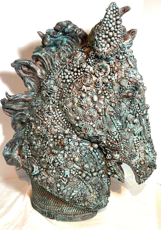 Inside the private fine art studio of contemporary Arizona artist Christine Veitch during an exclusive interview with Life+Style Magazine, showcasing luxury home decor installations and colorful mosaic mixed-media sculptures for high-end interior design collectors at lifeplusstylemag.com.