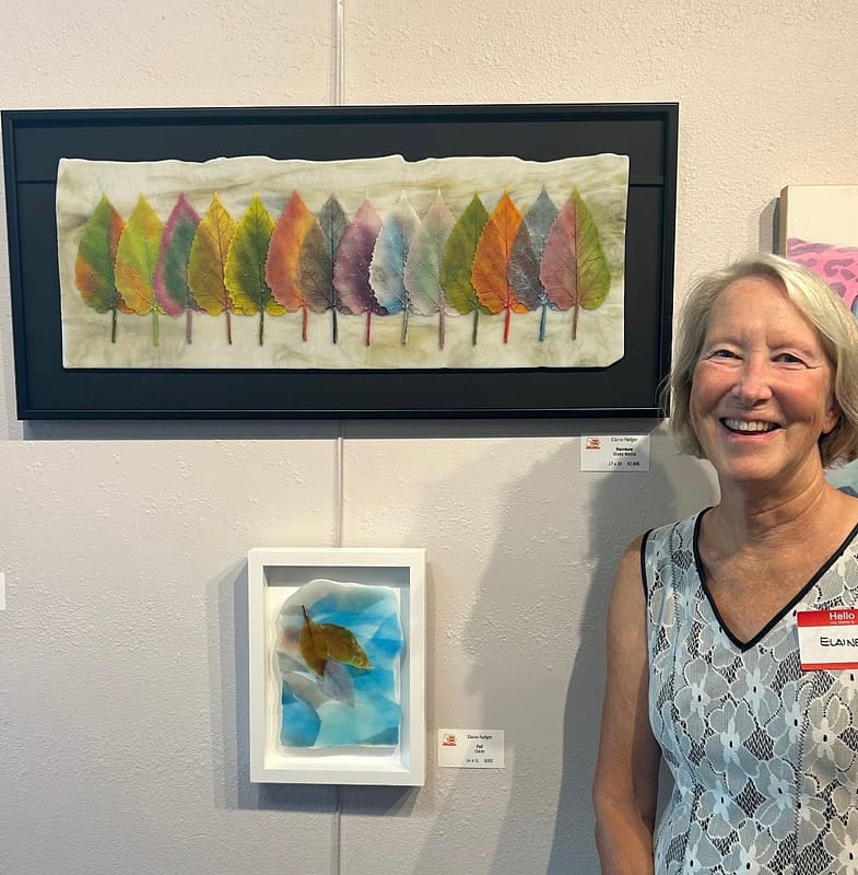 Luminous glass collage painting with a soft watercolor aesthetic created by fine artist Elaine Rettger - Life plus Style Magazine - L + S Magazine - Scottsdale Art Week