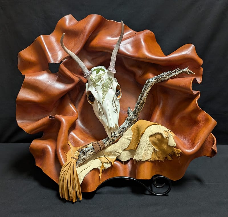 Abundance - Free-form, organic leather sculpture crafted from vegetable-tanned hide by Scottsdale artist Carol Brook. Featured by Life plus Style Magazine - L + S Magazine - Scottsdale Art Week Artist.