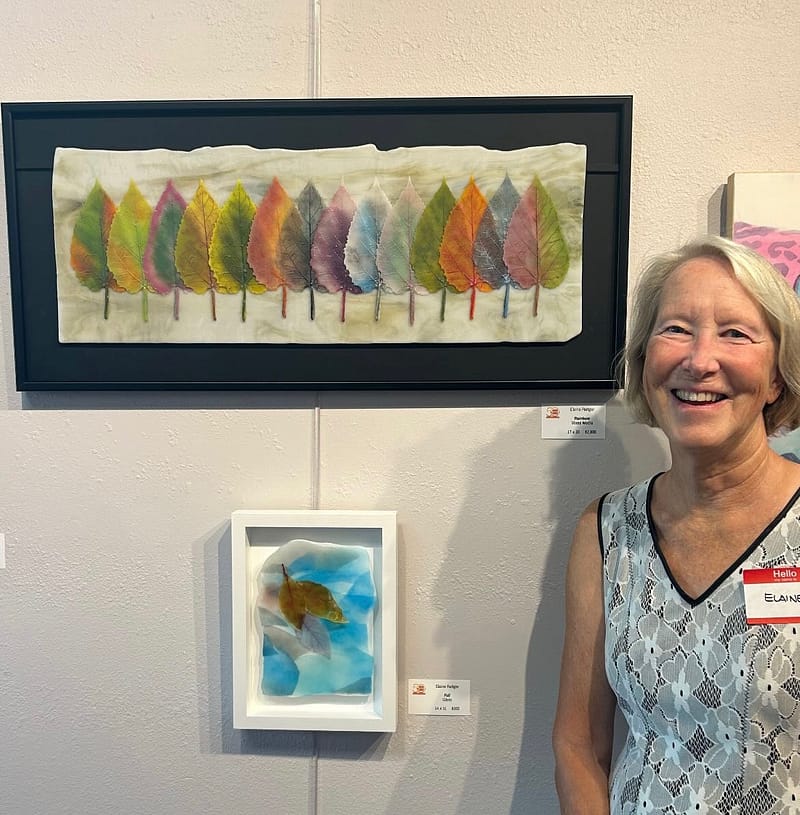 Luminous glass collage painting with a soft watercolor aesthetic created by fine artist Elaine Rettger - Life plus Style Magazine - L + S Magazine - Scottsdale Art Week